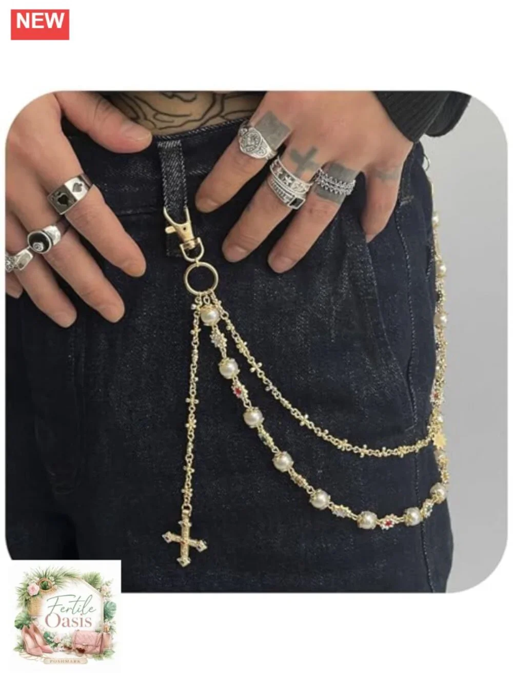 Layered Wallet Chain Pants Chain Rhinestone Flower Pearl Jean Pocket Chain